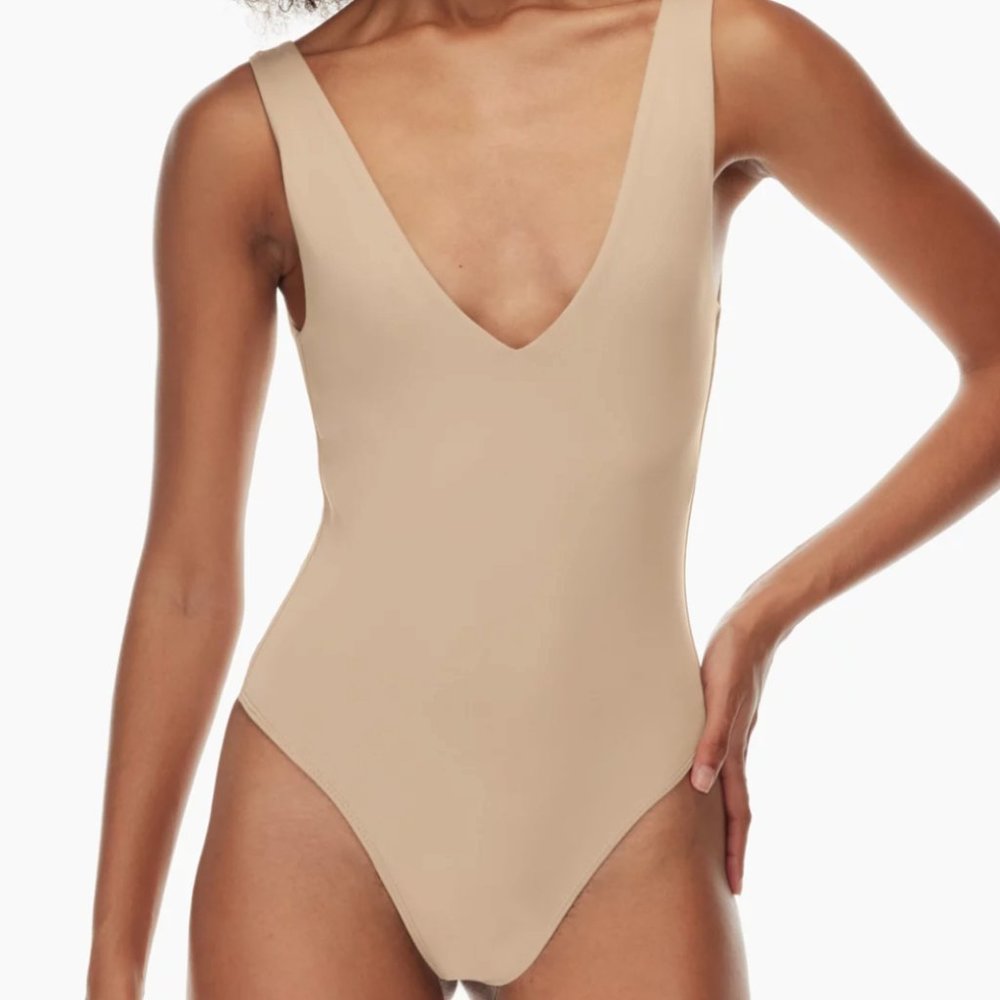 Babaton Aritzia Tan V Neck Bodysuit